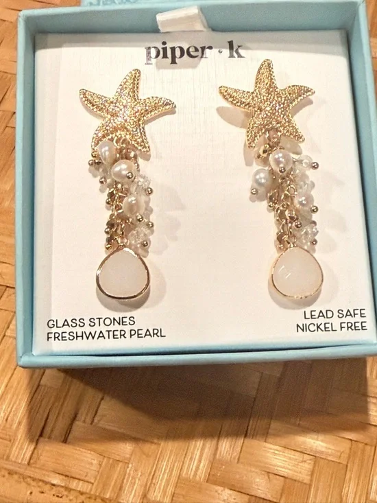 Piper K Gold Starfish & Pearl Glass Stones  Drop Cascading Earrings - White NIB - Picture 6 of 8